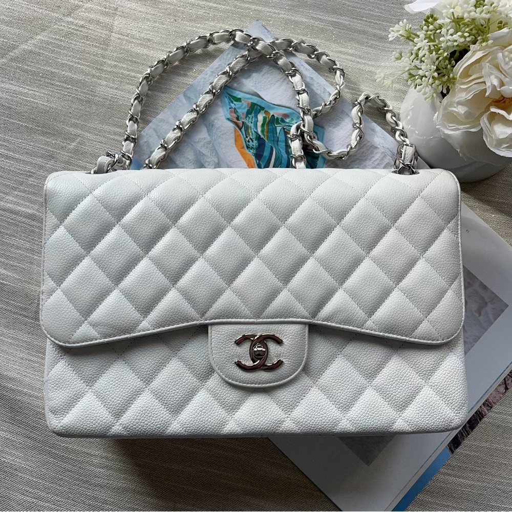 Chanel White Caviar Quilted Jumbo Classic Double Flap Bag